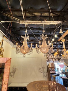 Pair of Italian Beaded Crystal Basket Chandeliers