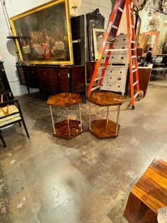 Italian Art Deco Style Walnut and Chrome Hex Side Tables