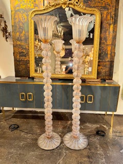 Pair of Murano Opalescent Pink Ball Floor Lamps