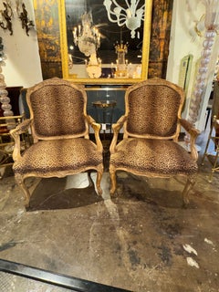 Pair of French Louis XV Bergeres with Leopard Upholstery