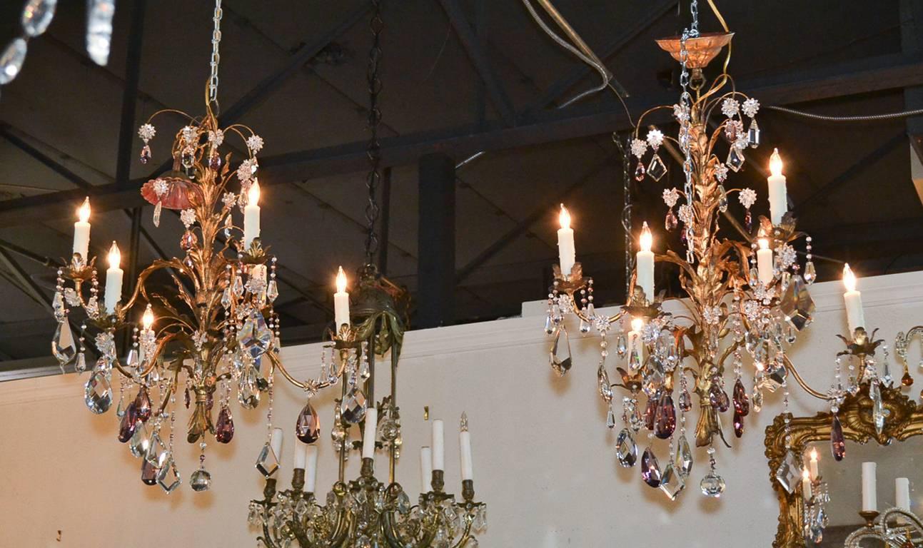 Mid-20th Century Excellent Pair of Tole and Crystal Chandeliers