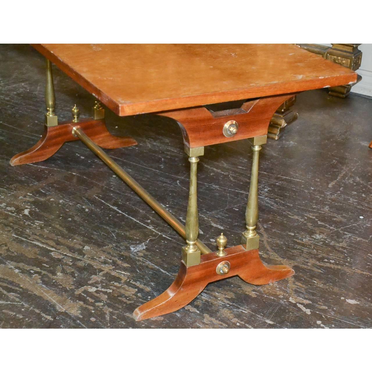 1960s French neoclassical style mahogany, maple and brass coffee table.