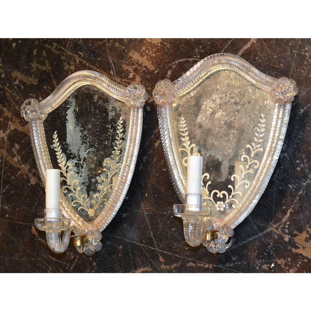 Italian Pair of Venetian One Arm Etched Mirror Sconces