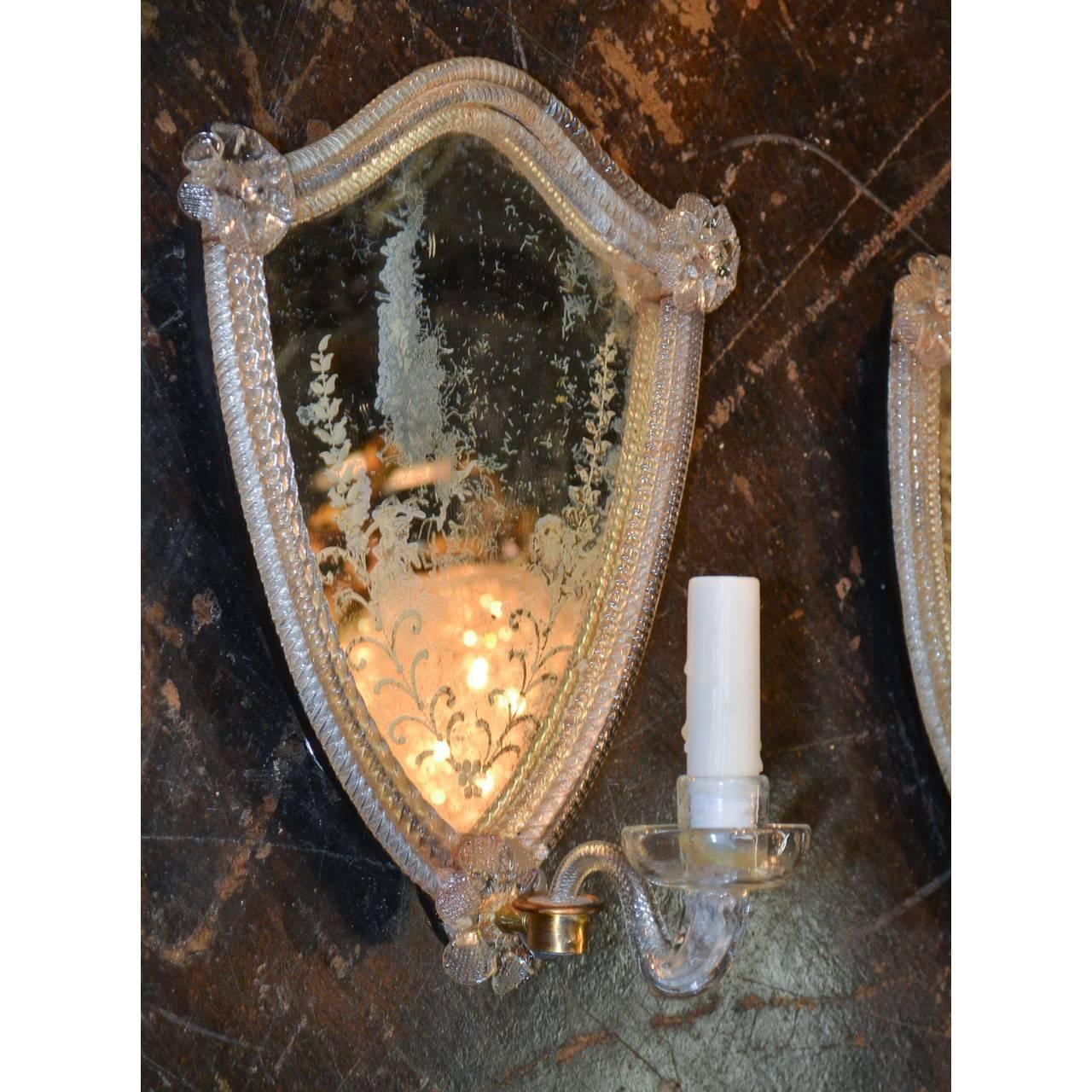 Pair of Venetian One Arm Etched Mirror Sconces In Good Condition In Dallas, TX