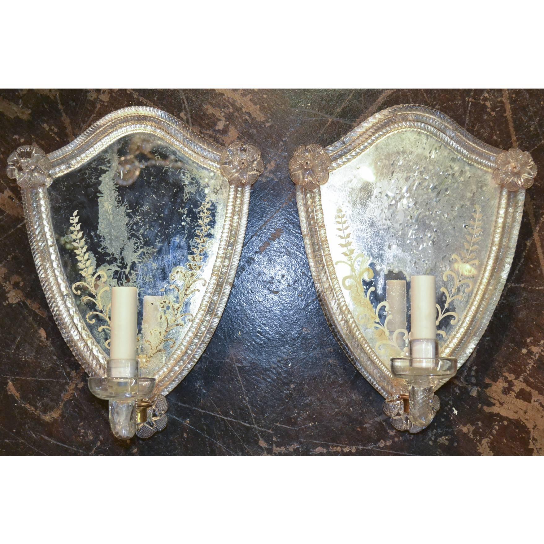 Early 20th Century Pair of Venetian One Arm Etched Mirror Sconces