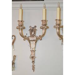 Good Pair of French Classical Silver over Bronze Two-Light Sconces