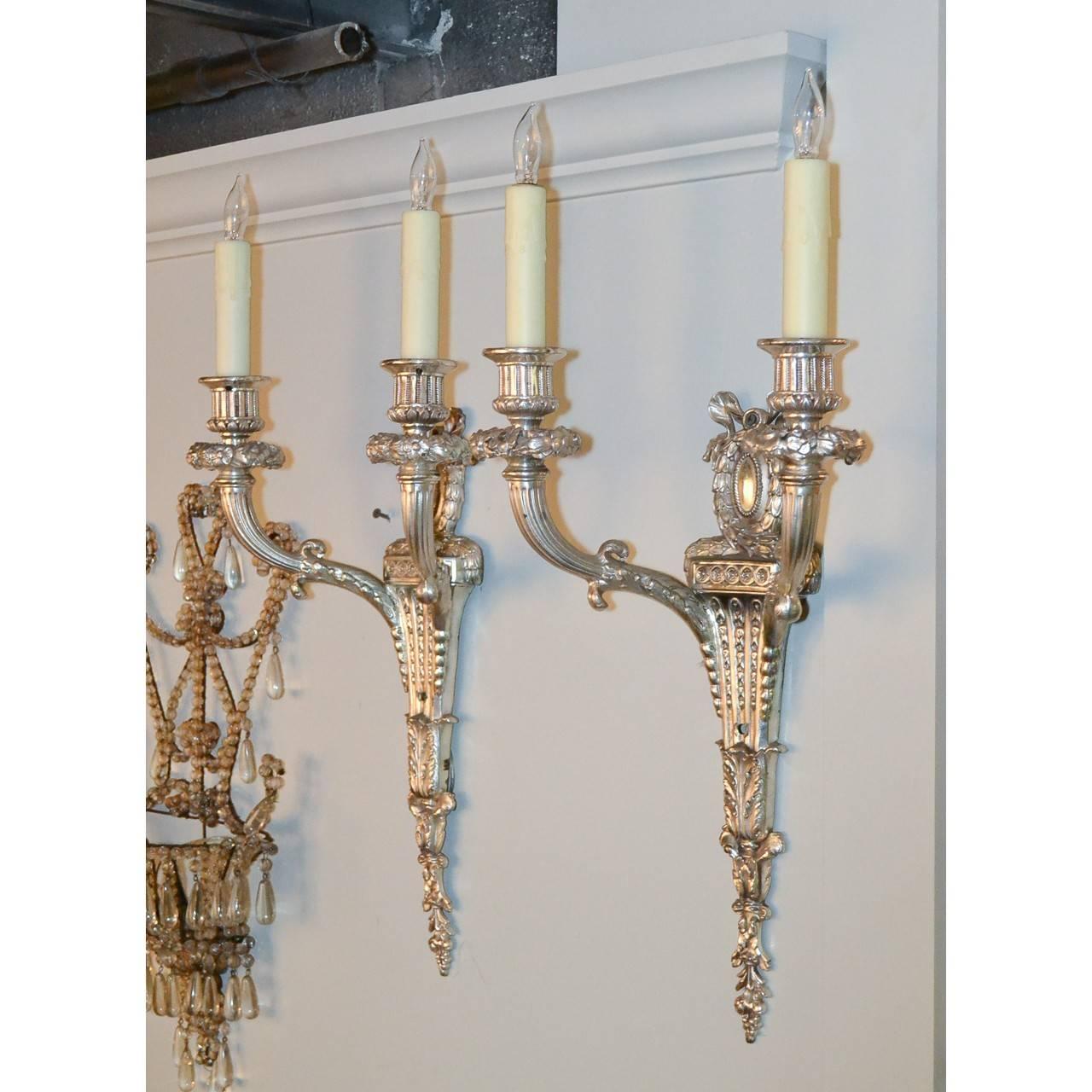Silver Plate Good Pair of French Classical Silver over Bronze Two-Light Sconces For Sale
