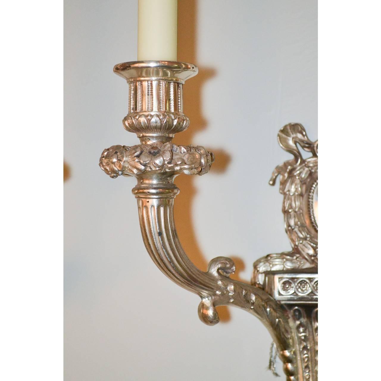 Good Pair of French Classical Silver over Bronze Two-Light Sconces In Good Condition For Sale In Dallas, TX