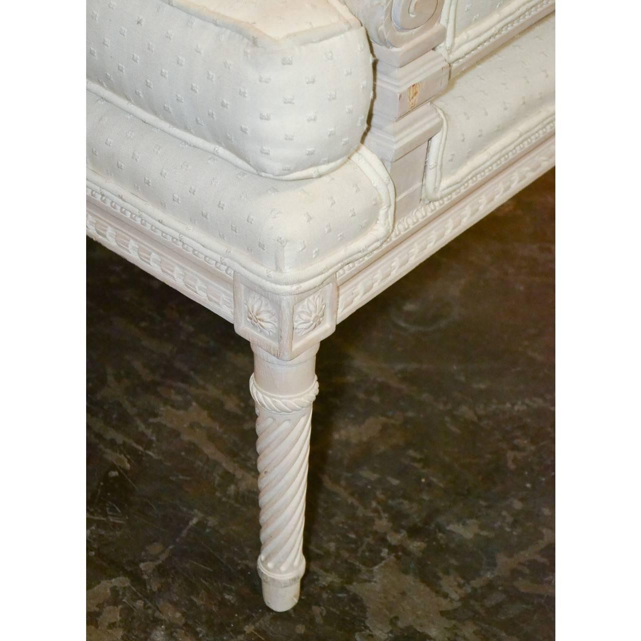 Fabric French Louis XVI Style Carved and Painted White Settee