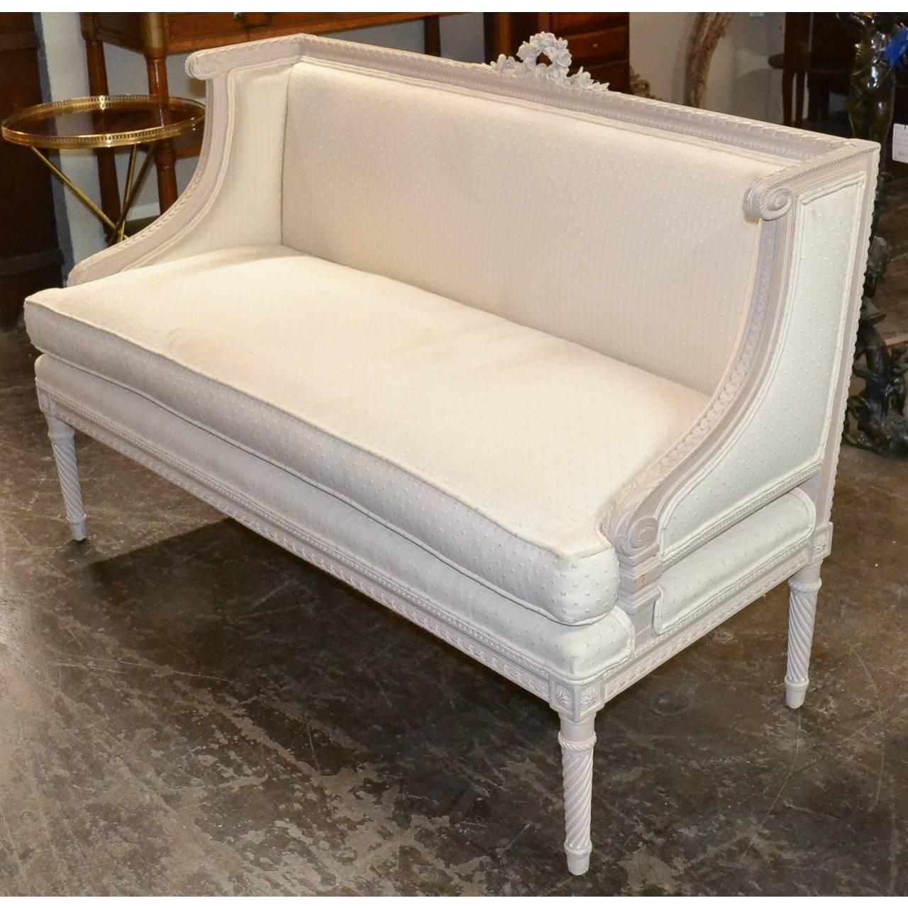 French Louis XVI Style Carved and Painted White Settee 2