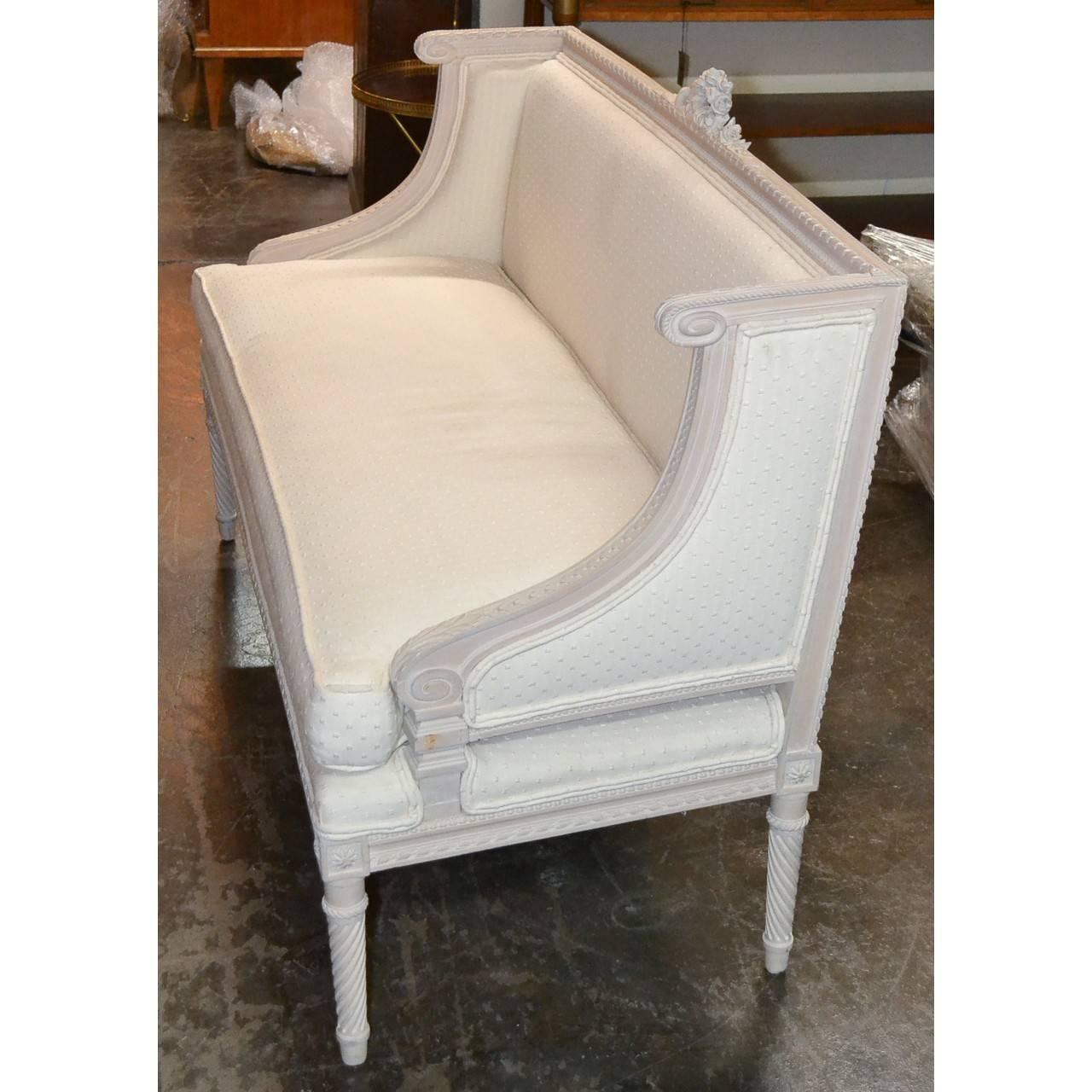 French Louis XVI Style Carved and Painted White Settee 3