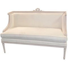 French Louis XVI Style Carved and Painted White Settee