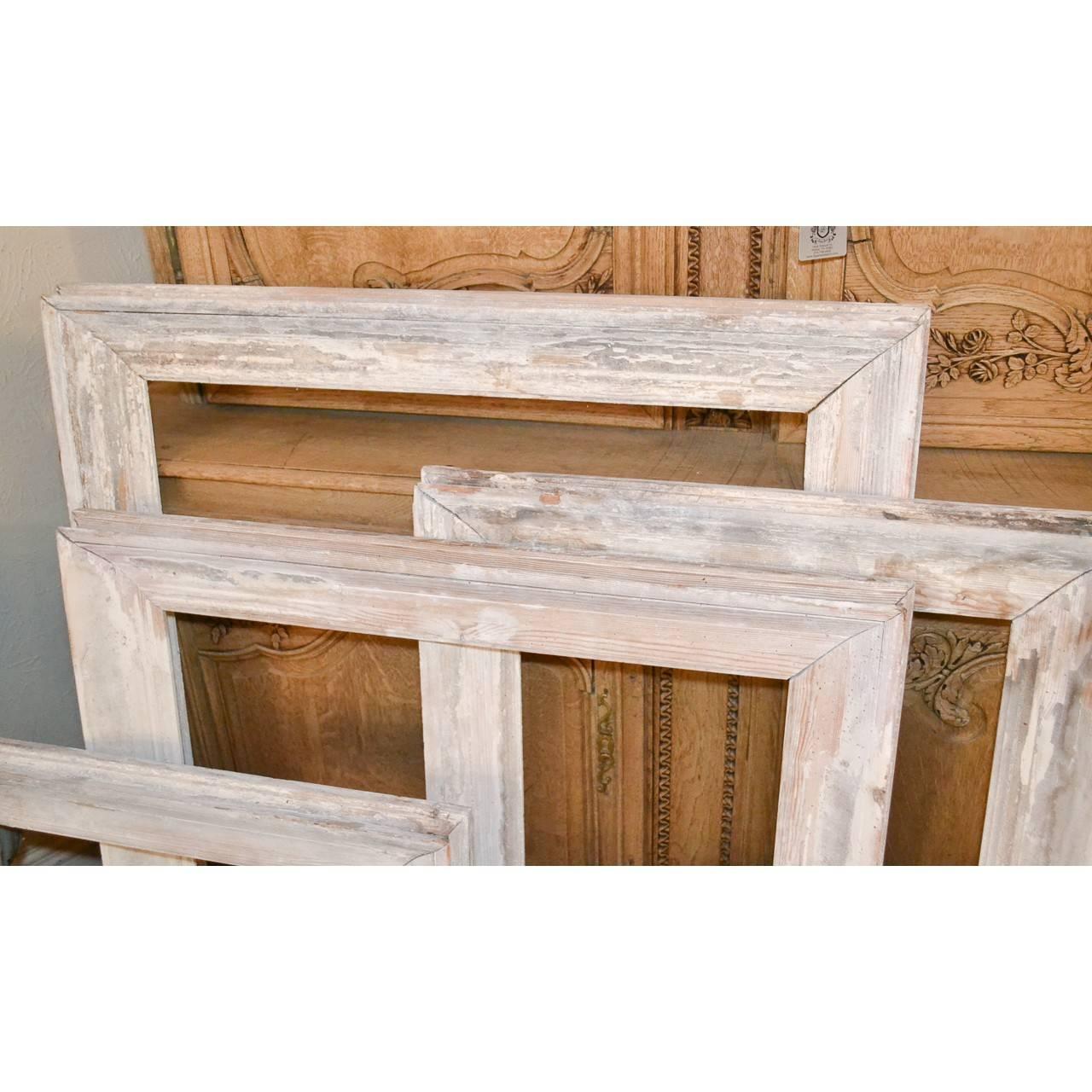 This set of six whitewashed pine frames is perfect for your design projects,
circa 1870, France
1. 34.75 W x 46 H x 2 D

2. 25 W x 40.5 H x 2 D
3. 32 W x 37 H x2 D
4. 25 W x 29.5 H x 2 D
5. 21 W x 24.5 H x2 D 
6. 18 W x 23 H x2 D.

 