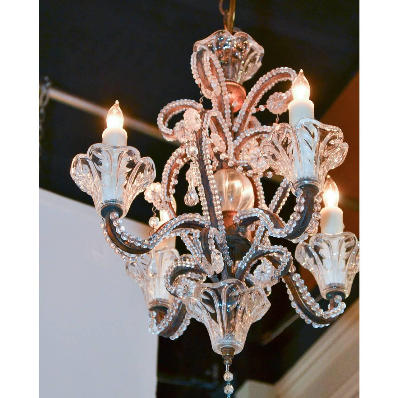 A little jewel of a crystal beaded chandelier. 
Italy, circa 1940.

Measure: 21 inches height x 14 inches wide.