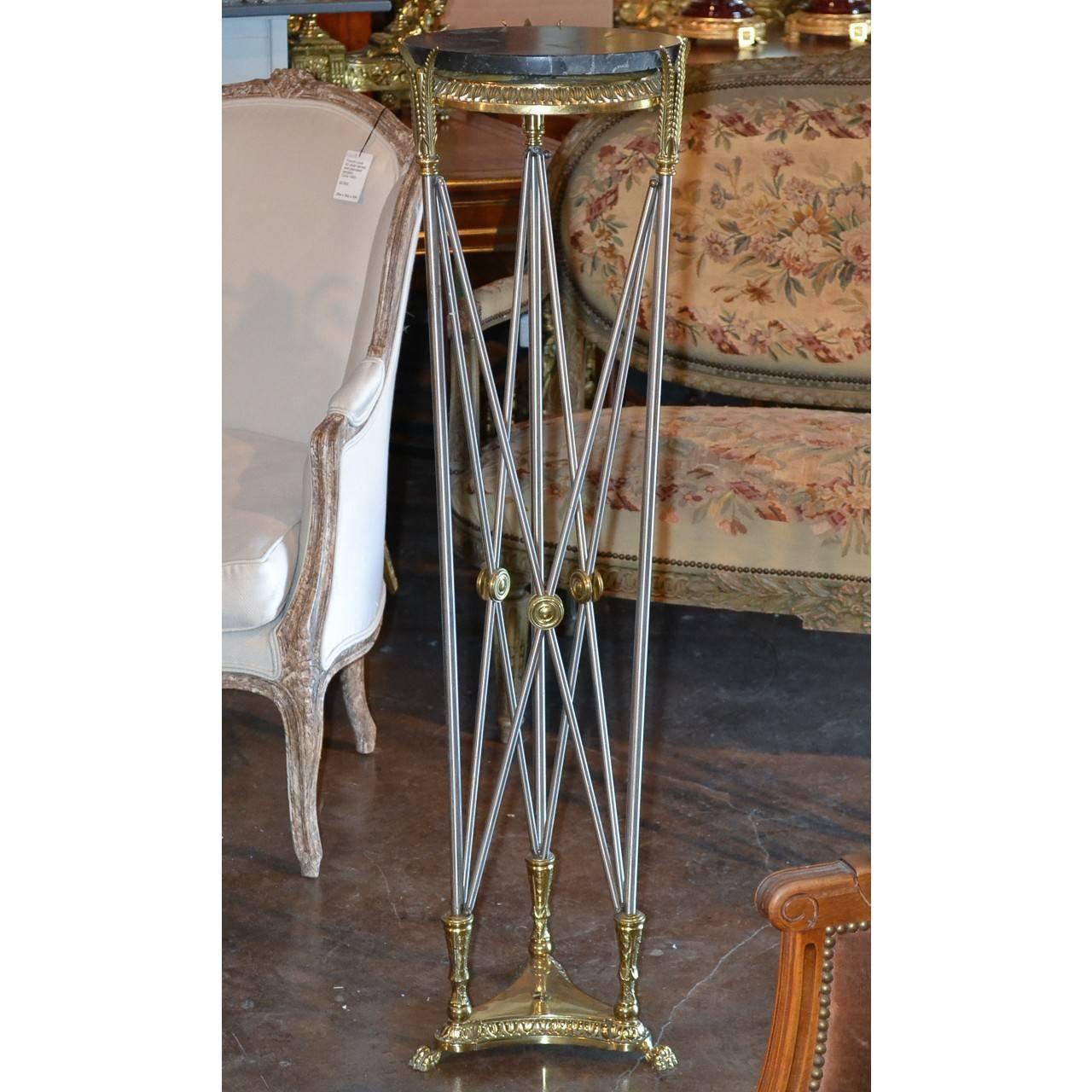 Midcentury French Directoire Style Steel and Brass Pedestal In Good Condition In Dallas, TX
