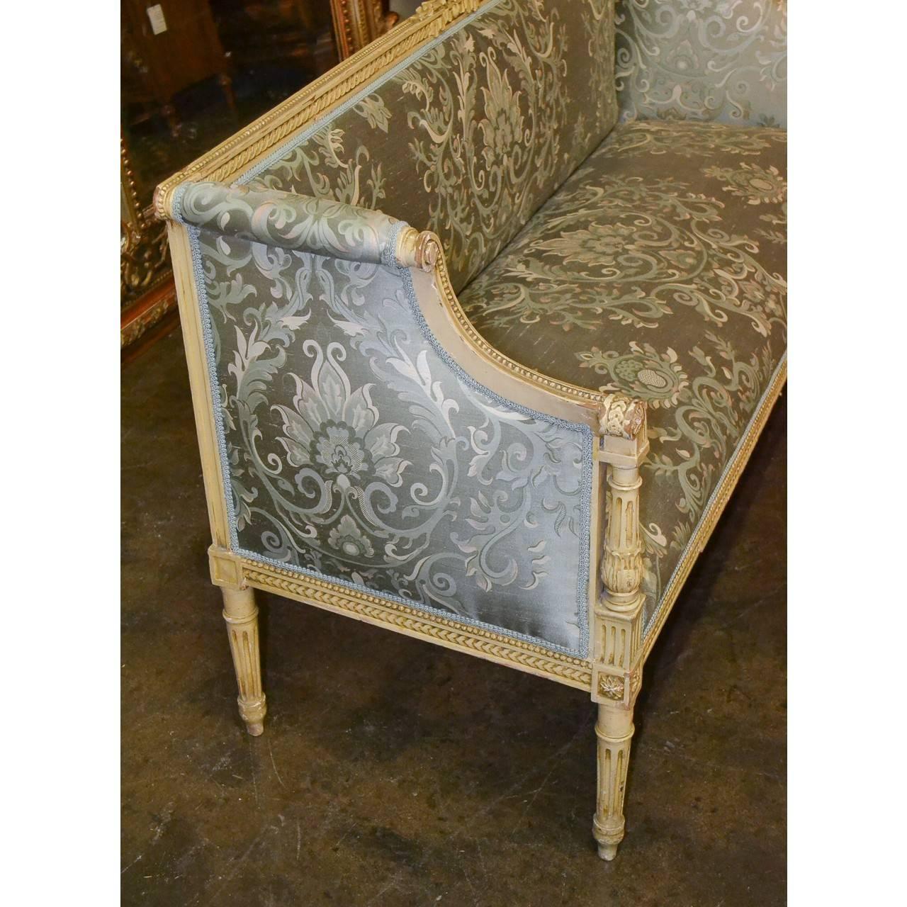 Silk Louis XVI French Carved and Painted Settee, 19th Century