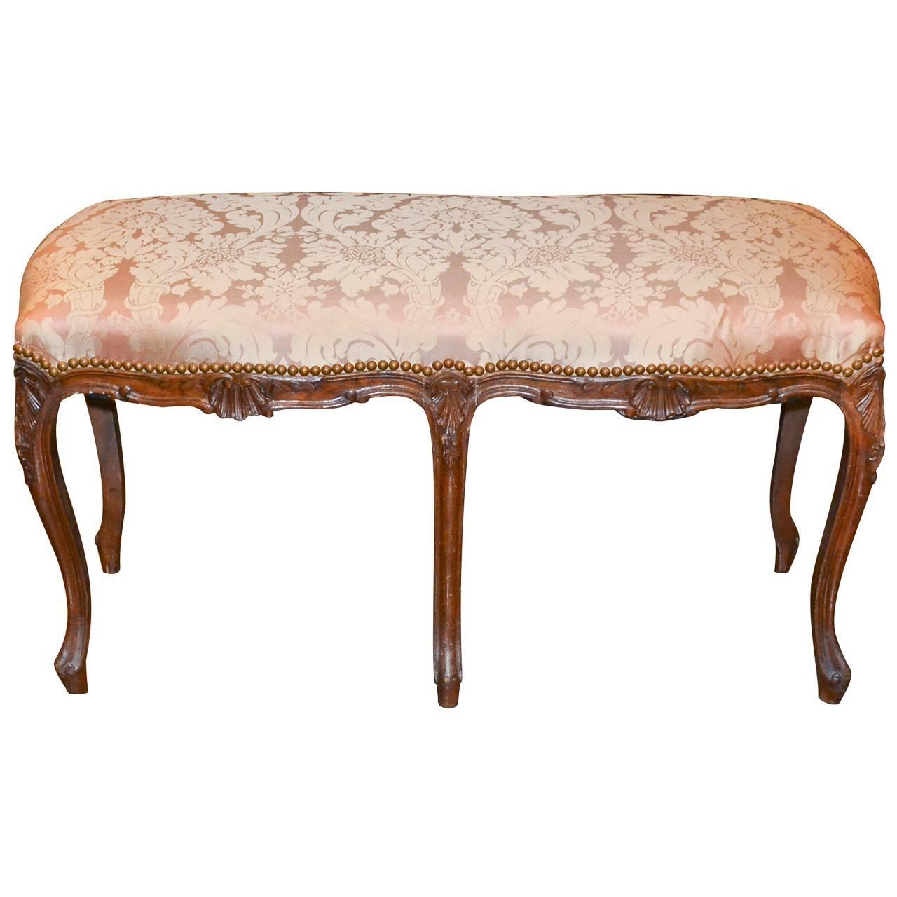 Antique French walnut upholstered bench, circa 1890. Made in France.