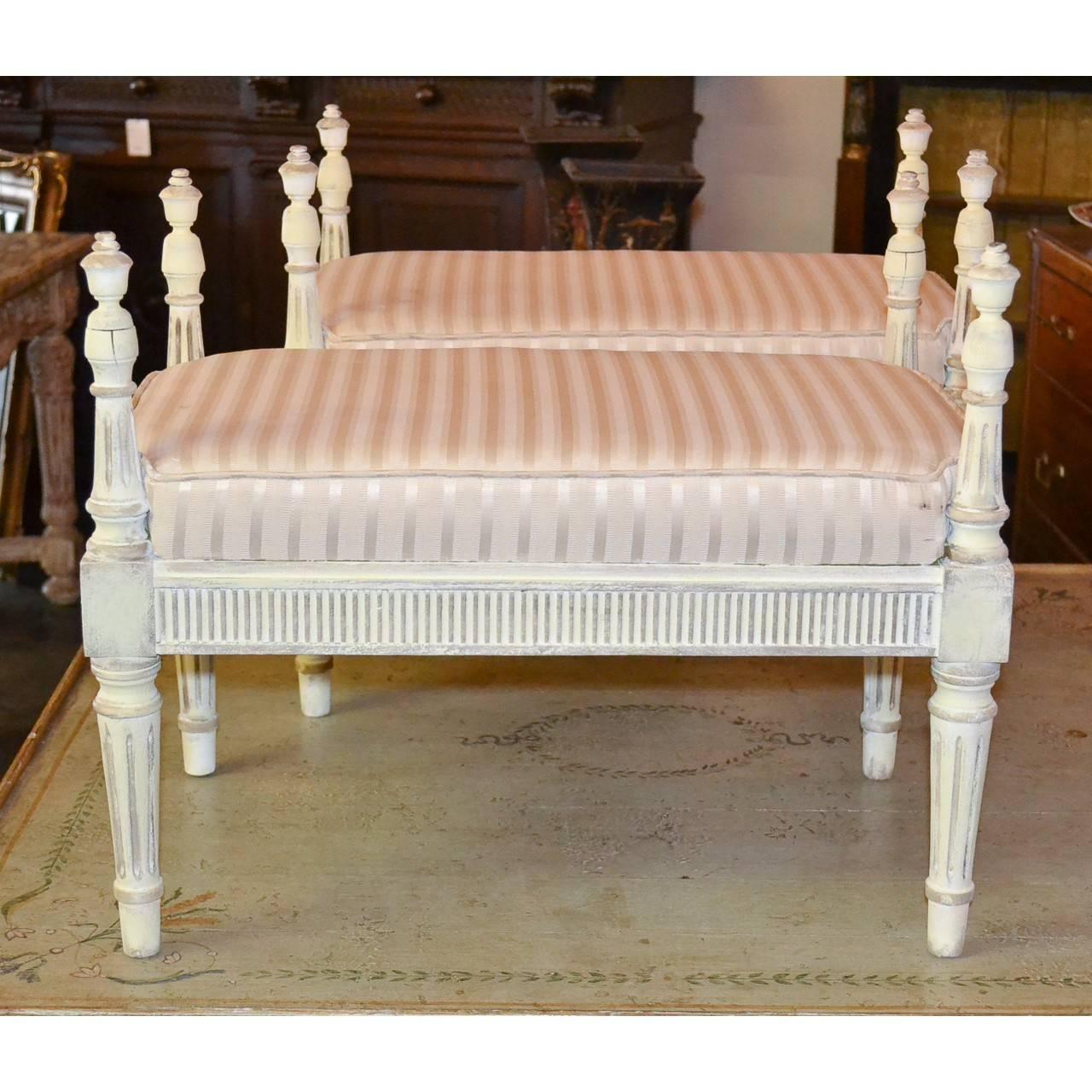 Hand-Painted Louis XVI Style Pair of Carved and Painted French Benches