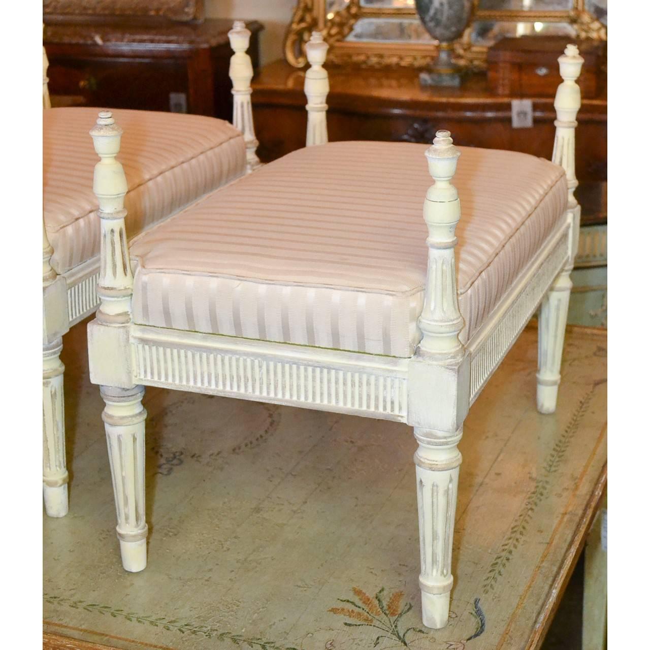 20th Century Louis XVI Style Pair of Carved and Painted French Benches