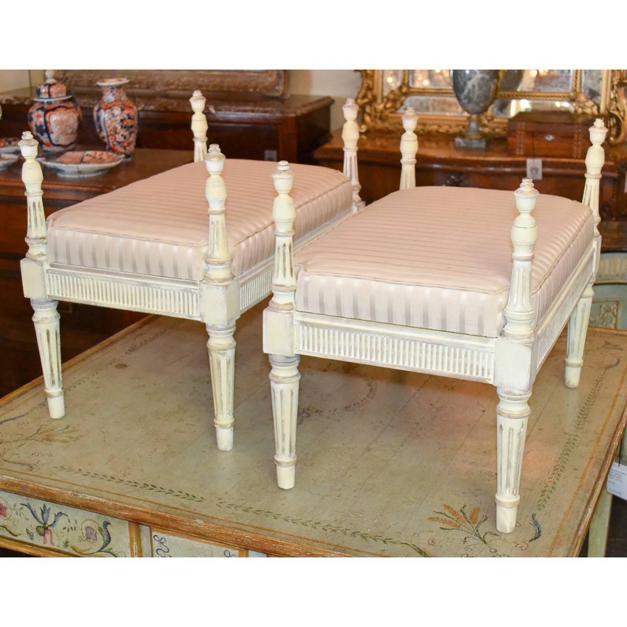 Wood Louis XVI Style Pair of Carved and Painted French Benches