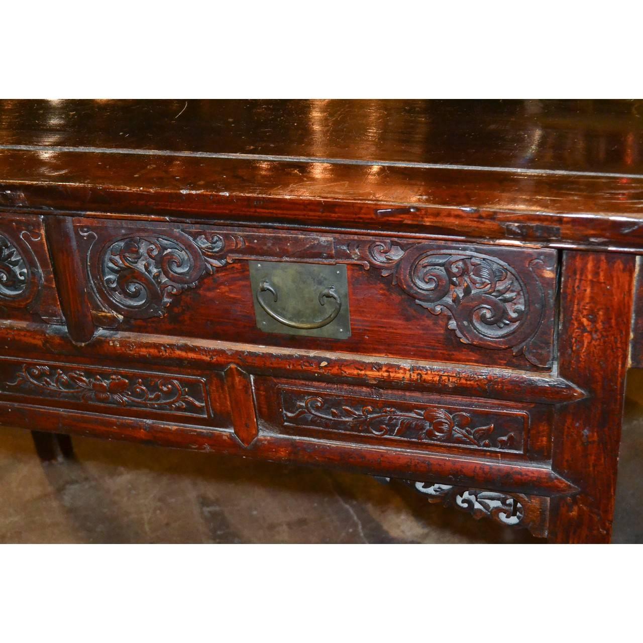 Beautiful warm patination on this one of a kind oriental server with metal hardware.
Measure: 61 inches wide x 26 inches deep x 35 inches height.