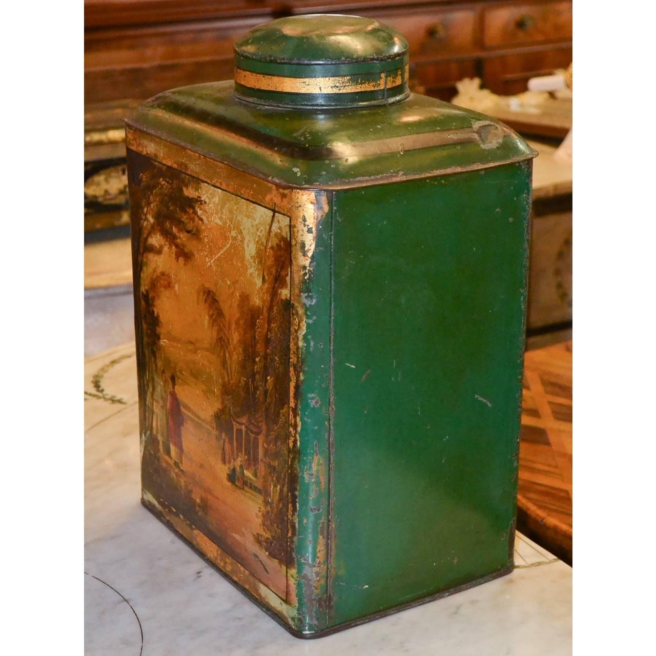 Antique English Tole Hand-Painted Tea Can In Good Condition In Dallas, TX