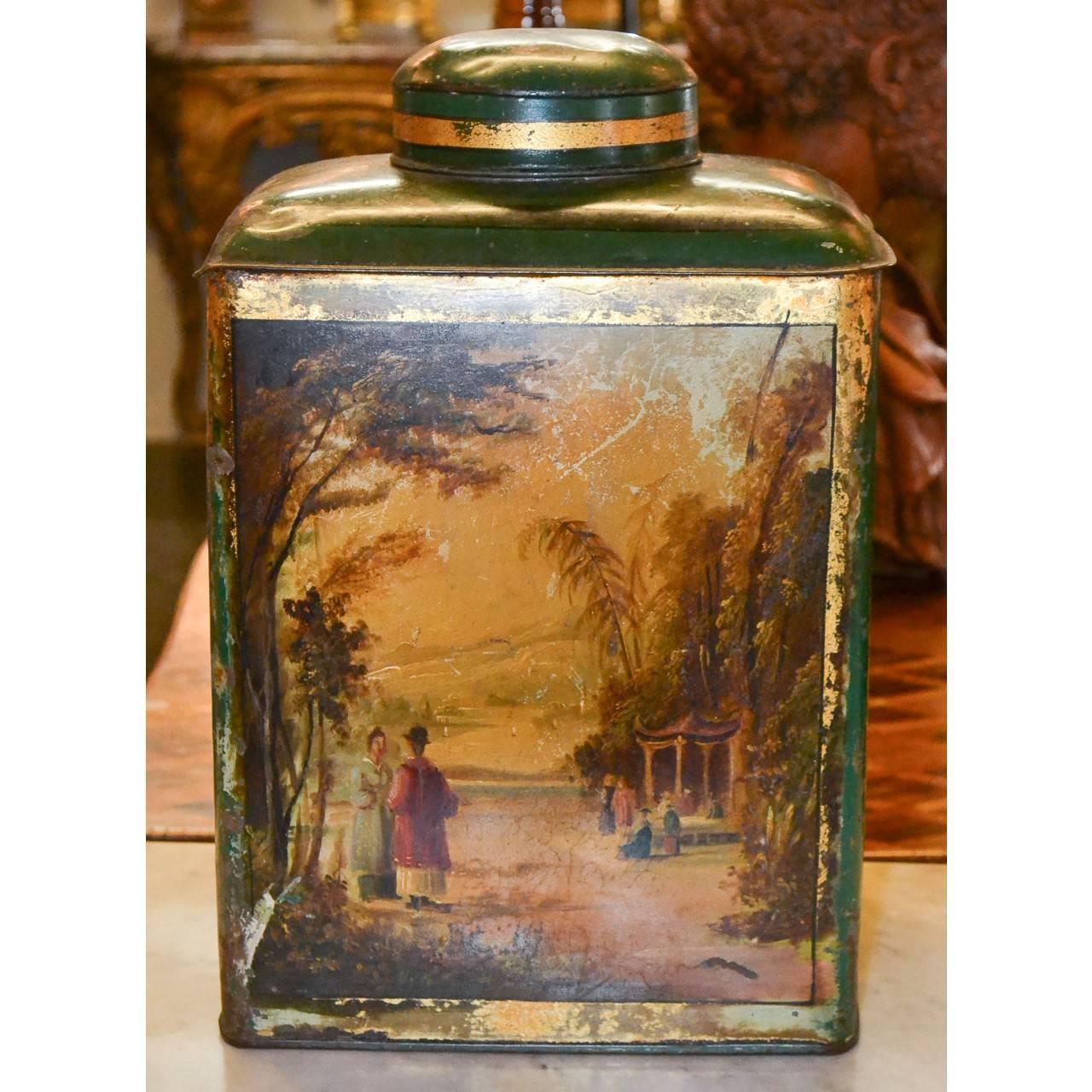 20th Century Antique English Tole Hand-Painted Tea Can