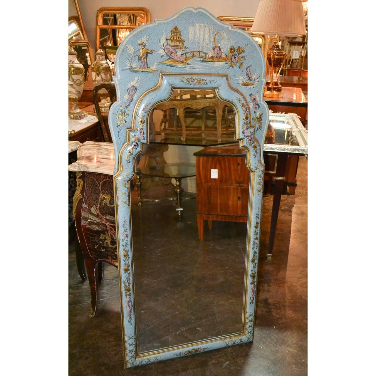 Wood Queen Anne Style Chinoiserie Lacquered Mirror