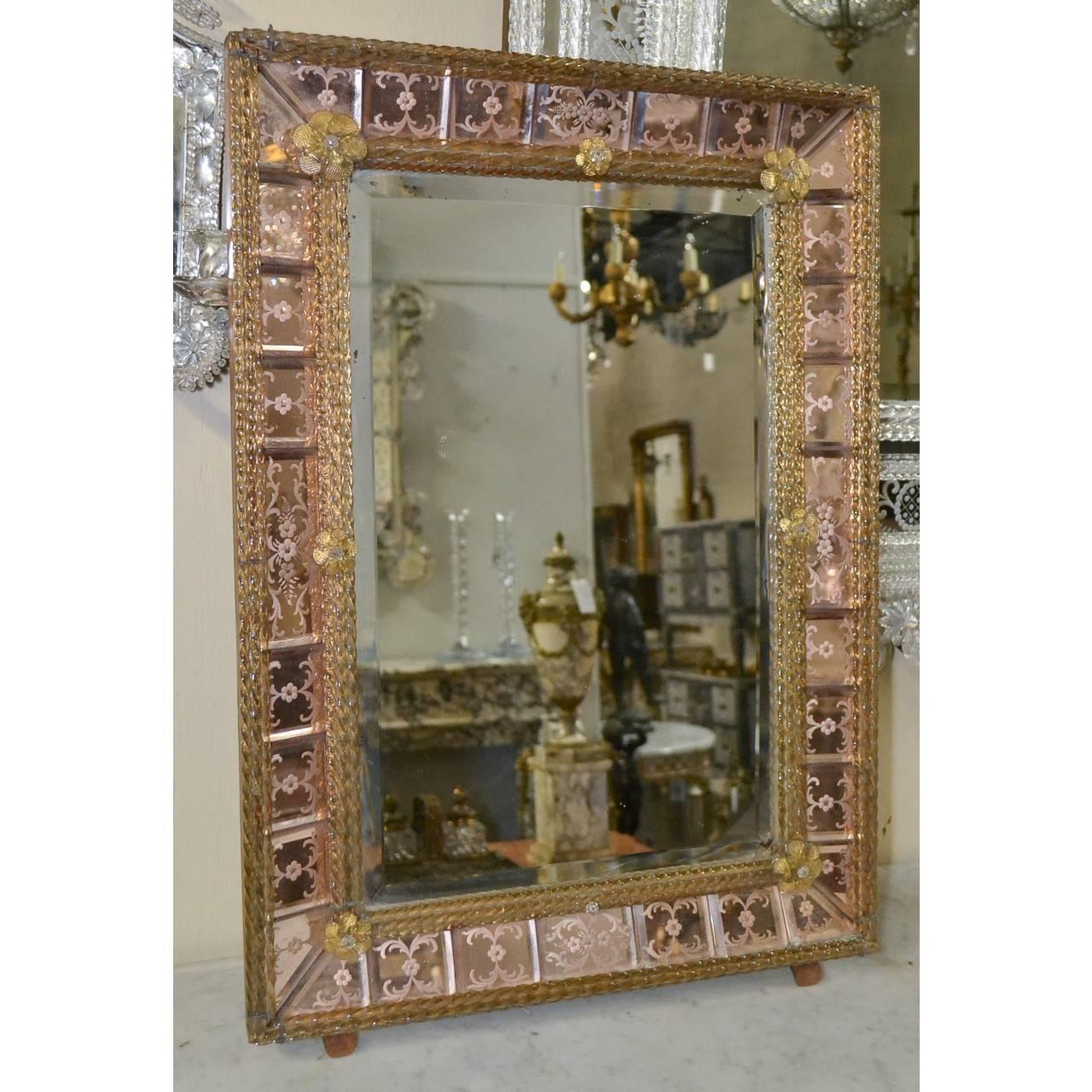 Antique Pink Venetian Etched Mirror In Good Condition In Dallas, TX