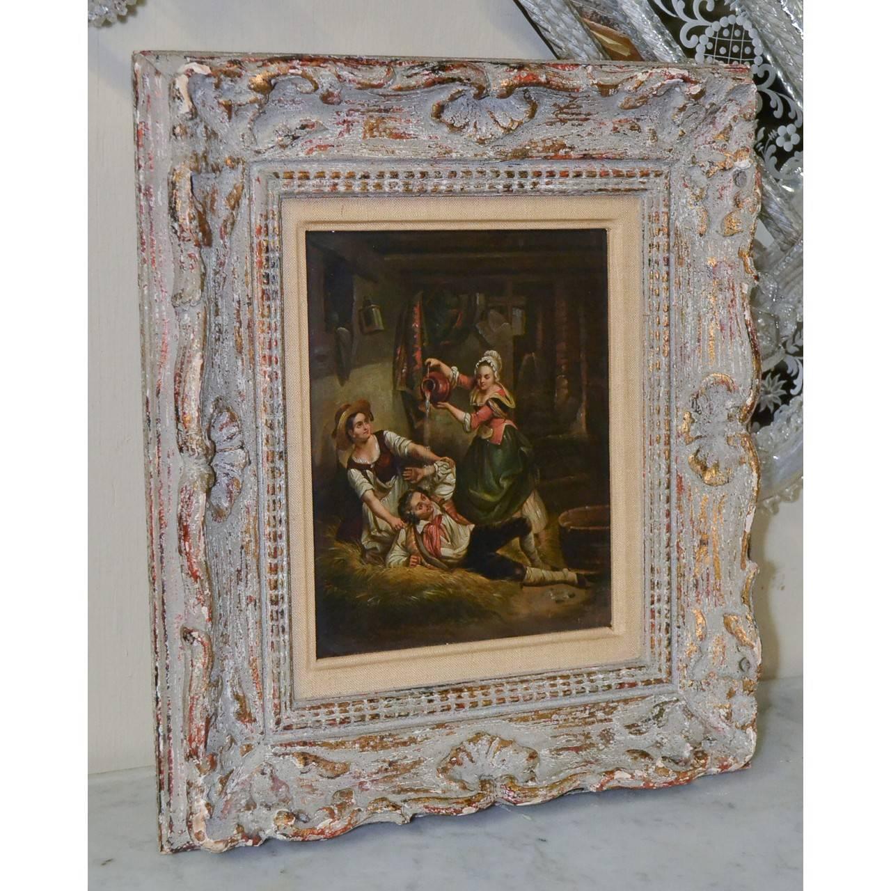 Fun pair of antique framed oil on panel paintings depicting romantic comedy interior scenes, circa 1890.
