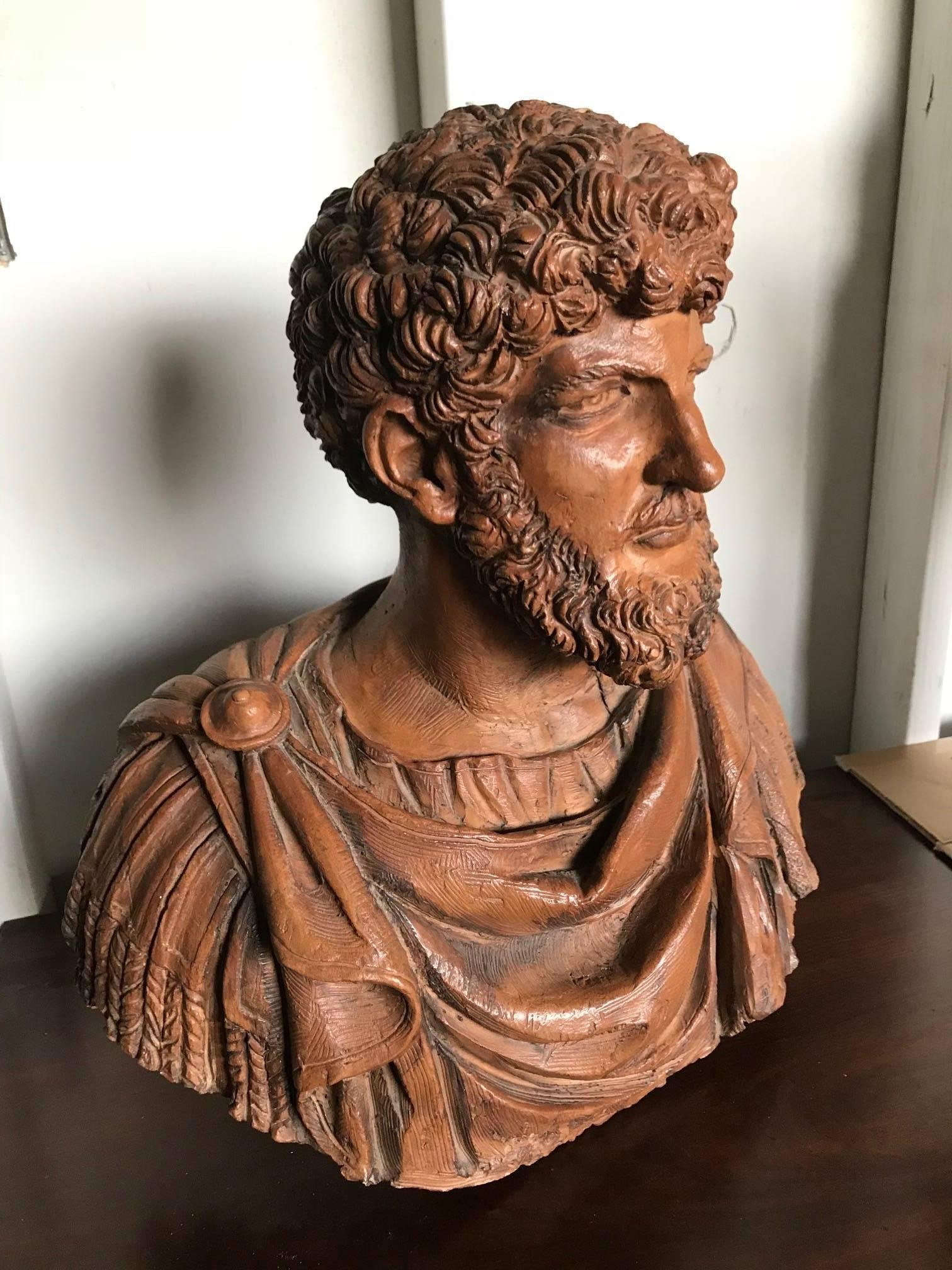 Superior quality 19th century antique Italian carved and sculpted terracotta bust of  Lucius Verus of magnificent detail and color with finely aged patina.

Circa 1880.

Lucius Verus (Latin: Lucius Aurelius Verus Augustus; 15 December 130 – 169) was