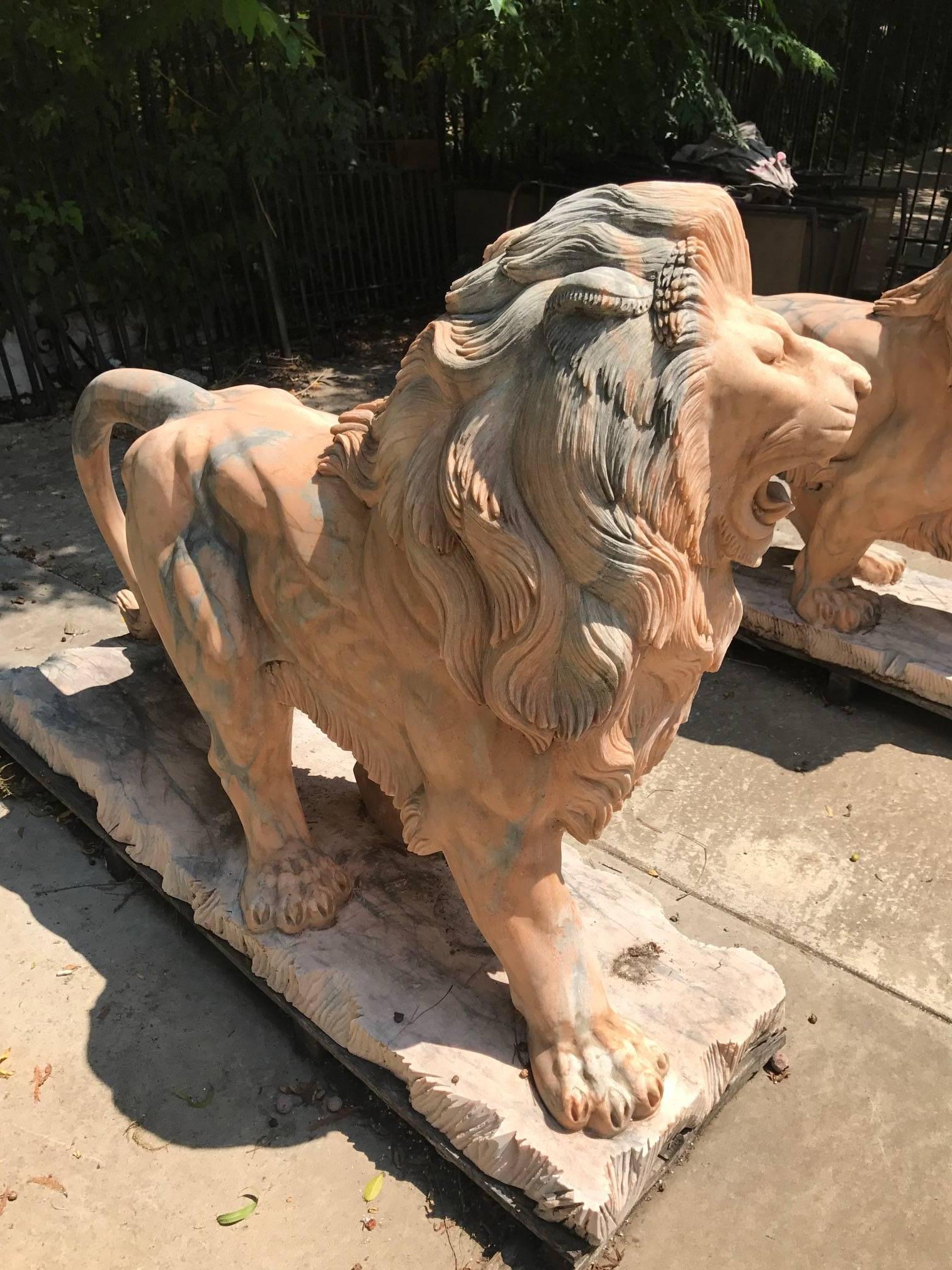 European Pair of Classical Hand-Carved Solid Marble Lions, Life-Size