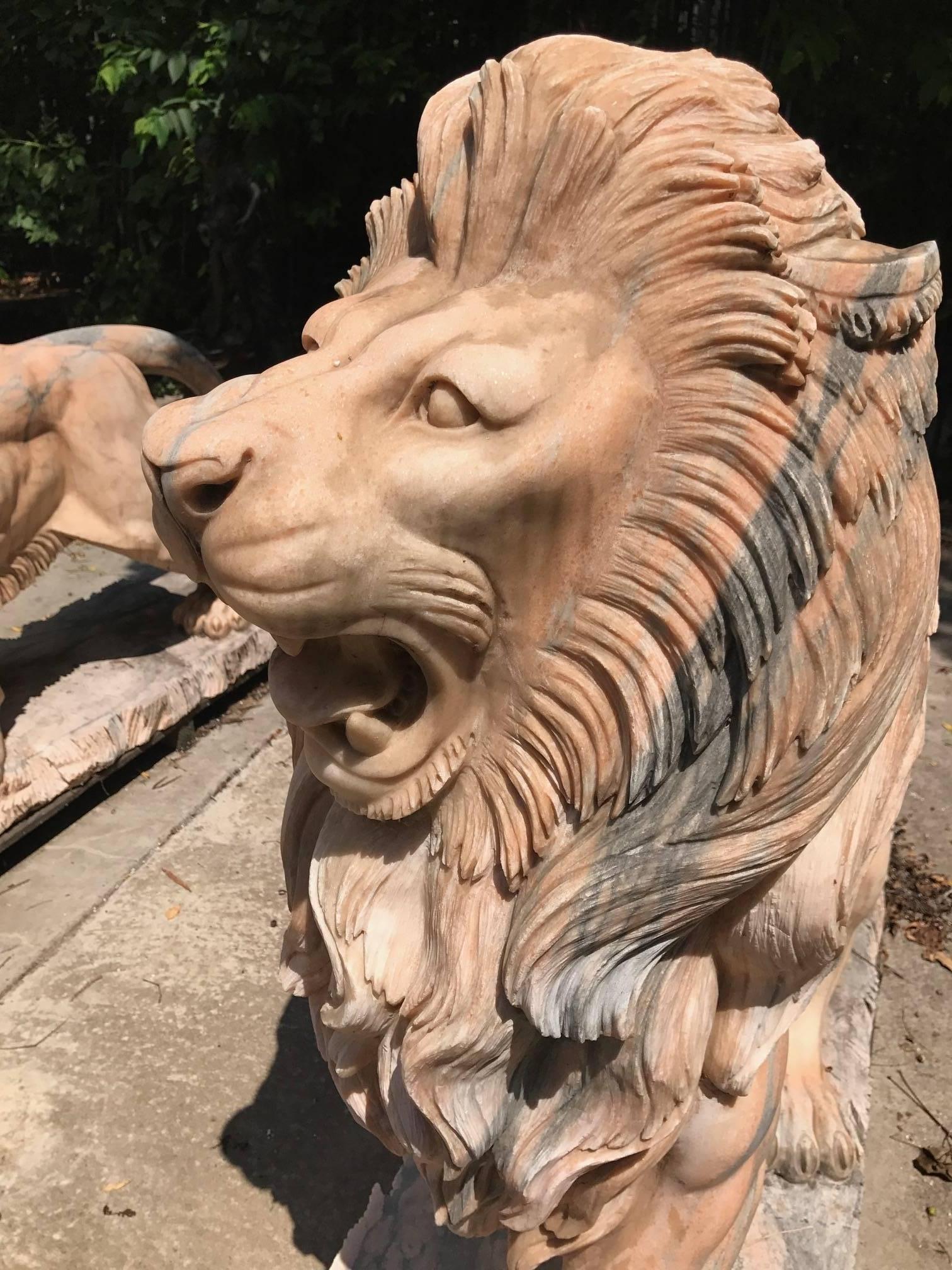 Pair of Classical Hand-Carved Solid Marble Lions, Life-Size In Excellent Condition In Dallas, TX