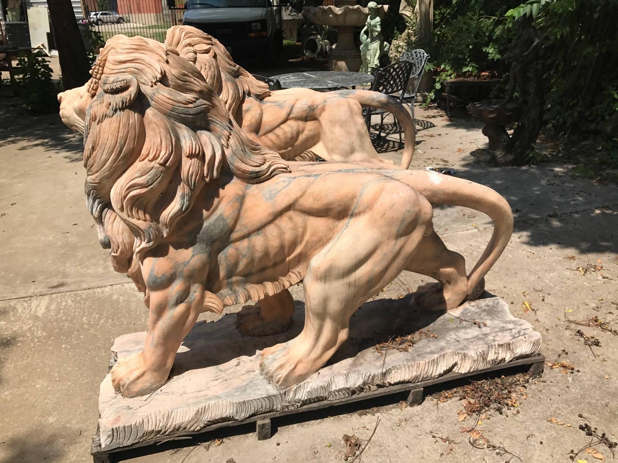 Late 20th Century Pair of Classical Hand-Carved Solid Marble Lions, Life-Size