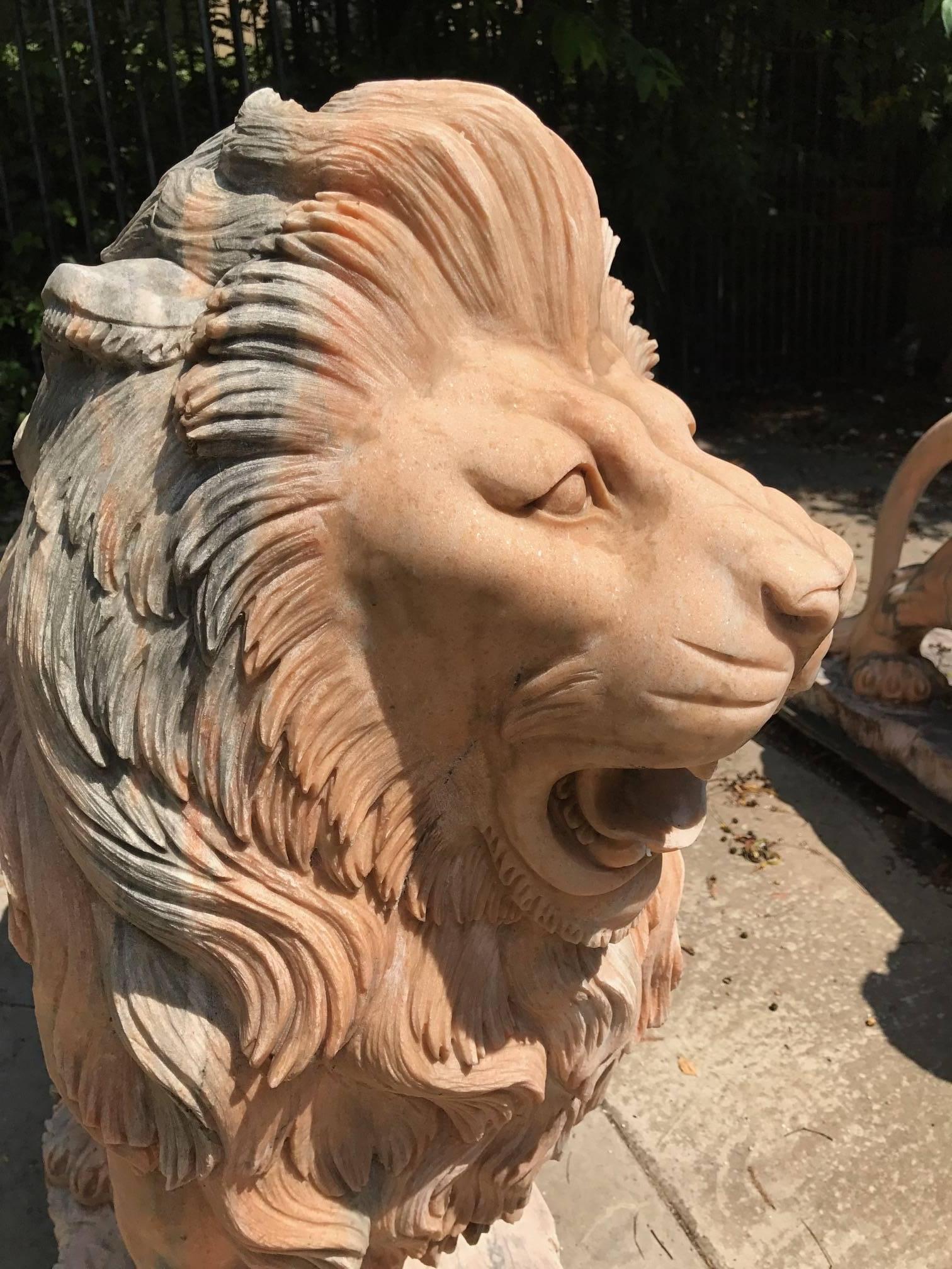 Pair of Classical Hand-Carved Solid Marble Lions, Life-Size 2