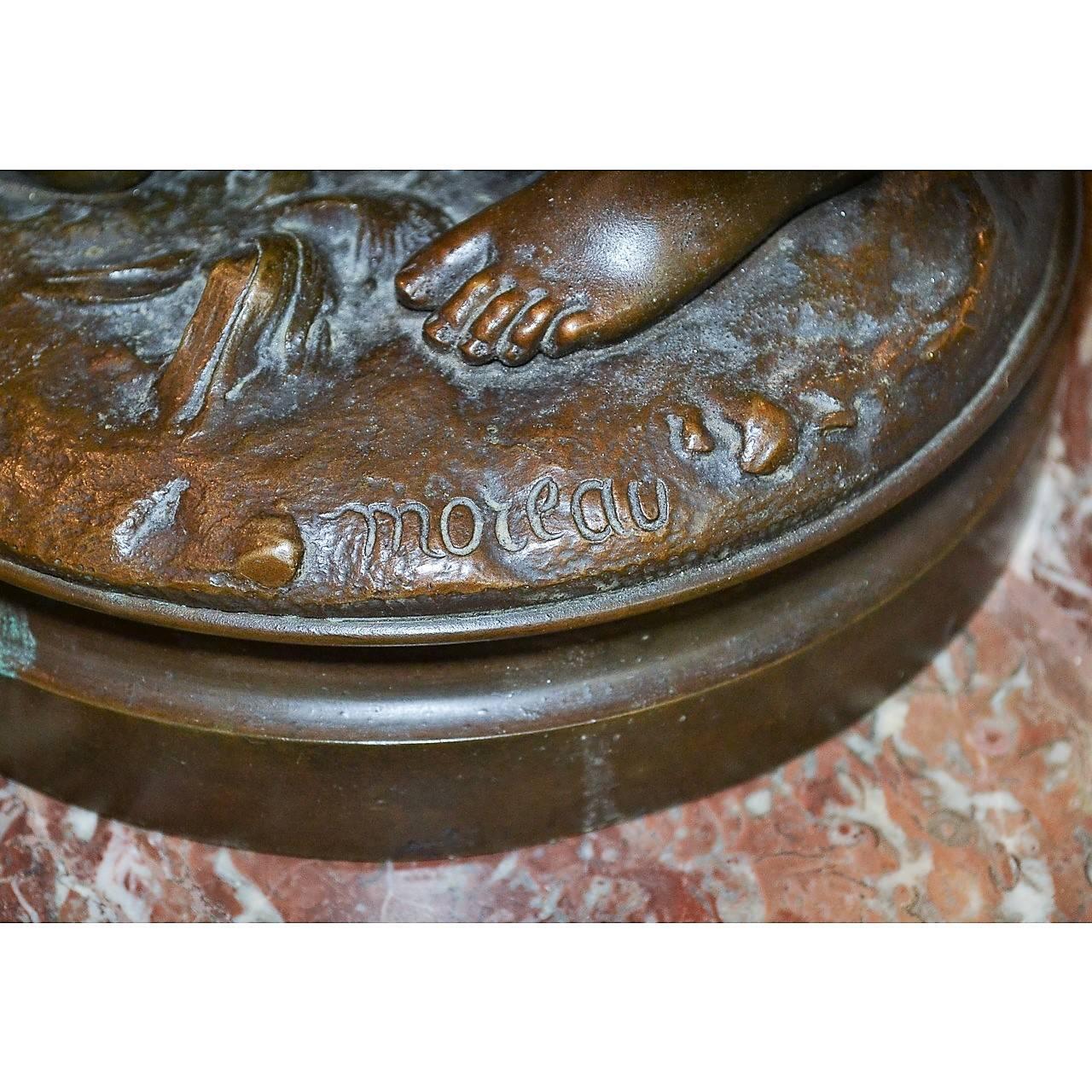 Cast Antique French Bronze Sculpture of Two Sisters, Signed Moreau, circa 1880
