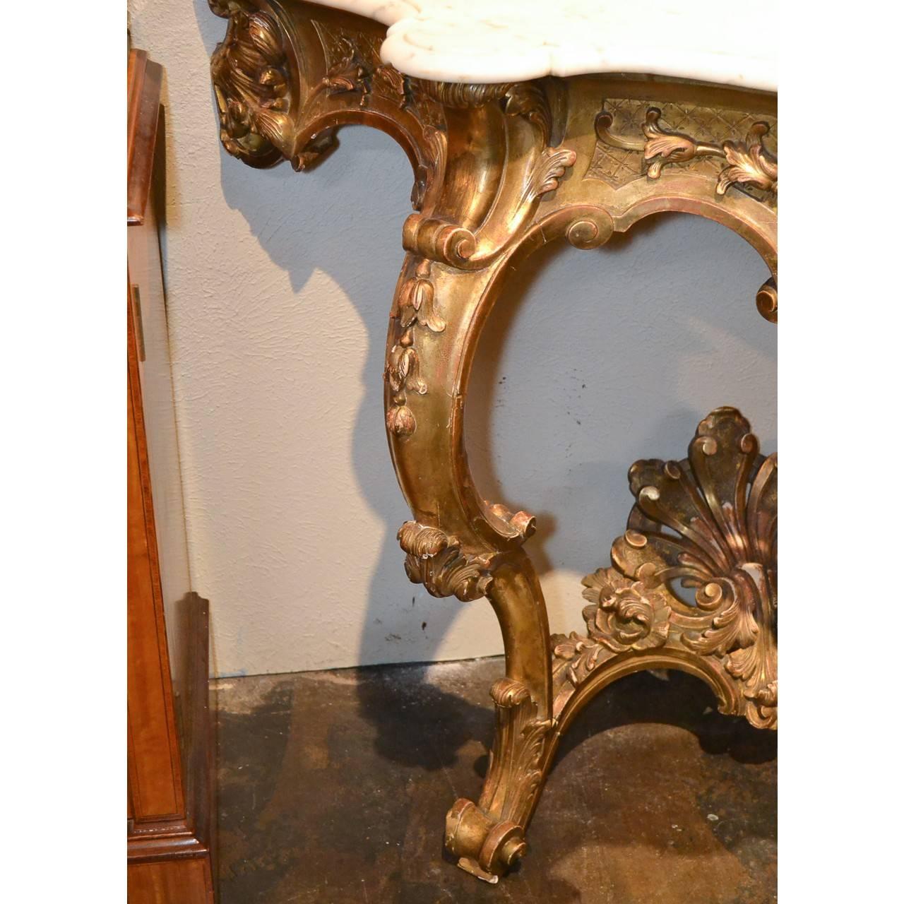 Rococo Antique French Carved Giltwood Console with Carrara Marble Top, circa 1860