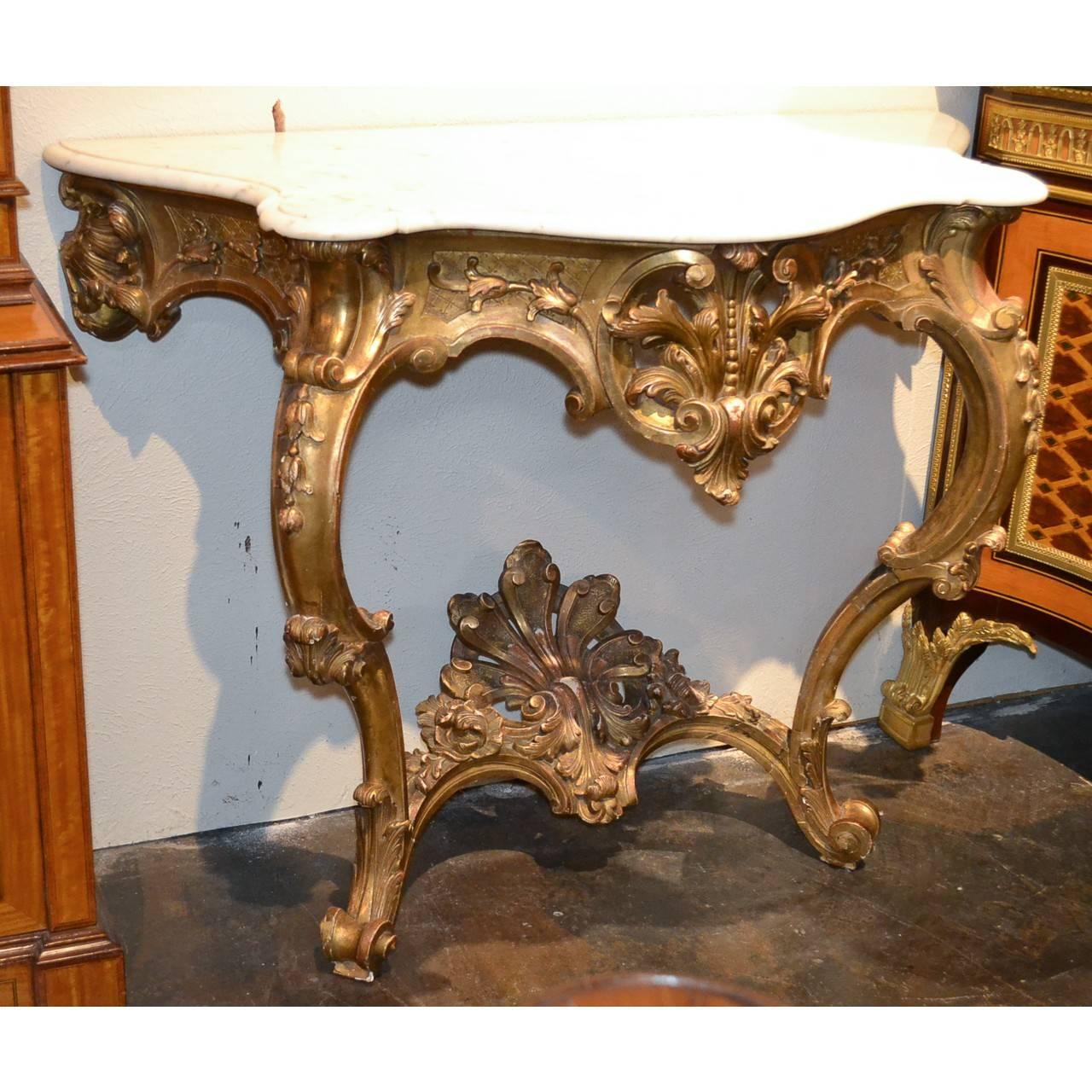 Antique French Carved Giltwood Console with Carrara Marble Top, circa 1860 In Good Condition In Dallas, TX