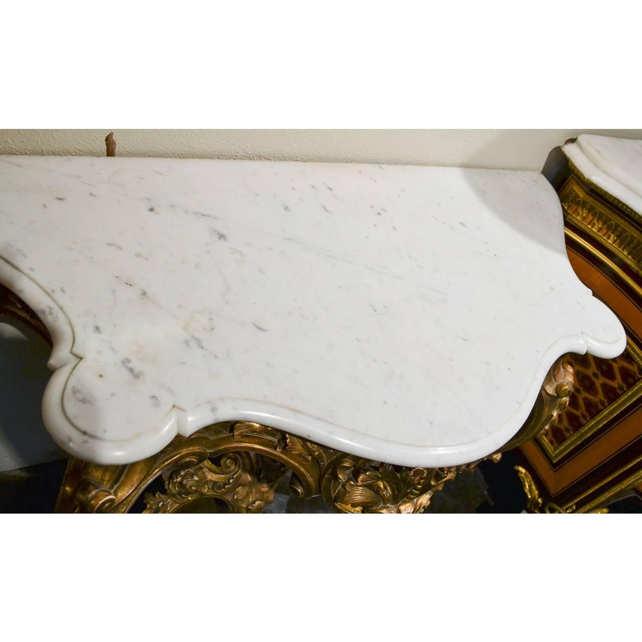 Antique French Carved Giltwood Console with Carrara Marble Top, circa 1860 1