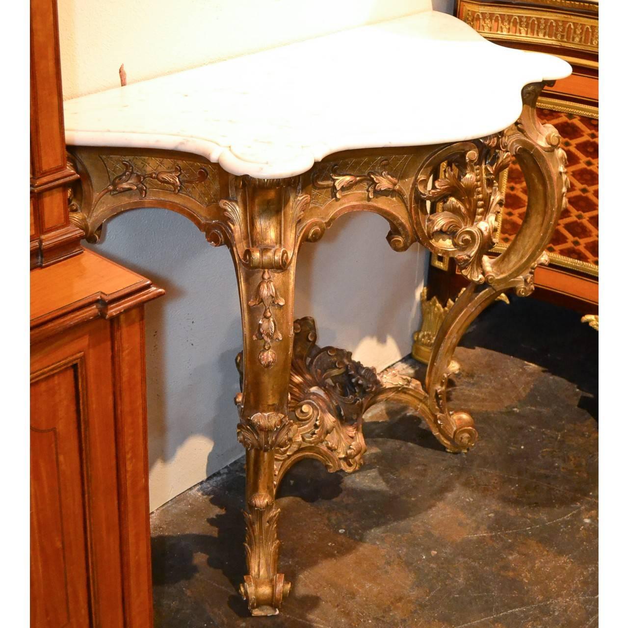 Antique French Carved Giltwood Console with Carrara Marble Top, circa 1860 2