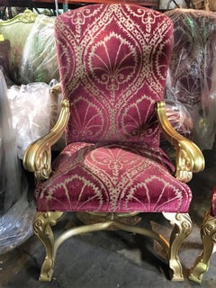 Set of 14 French Louis XIV Style Carved Giltwood and Upholstered Dining Chairs