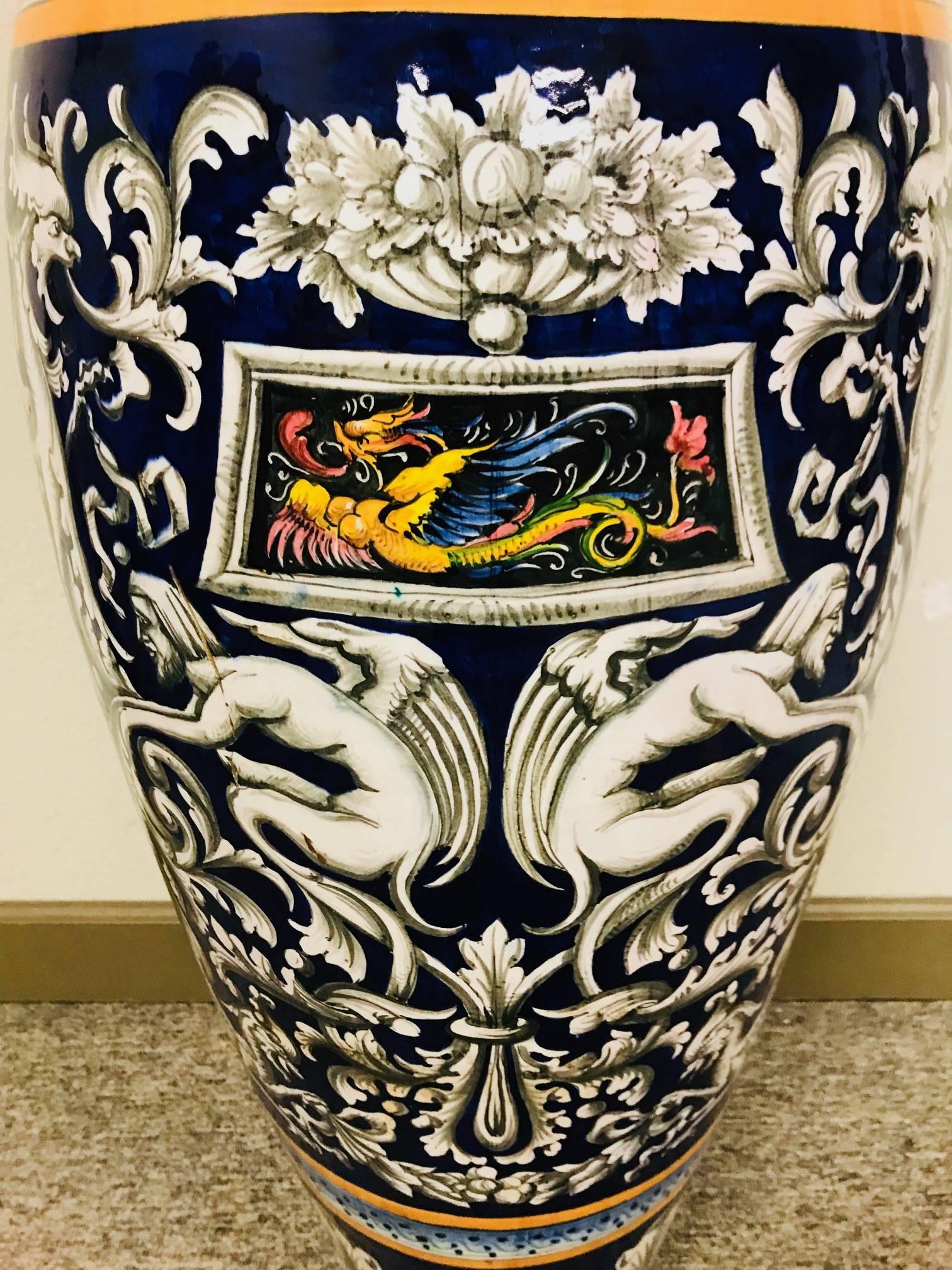 Fired Antique Italian Faience Glazed Ceramic Vase, Palace Size