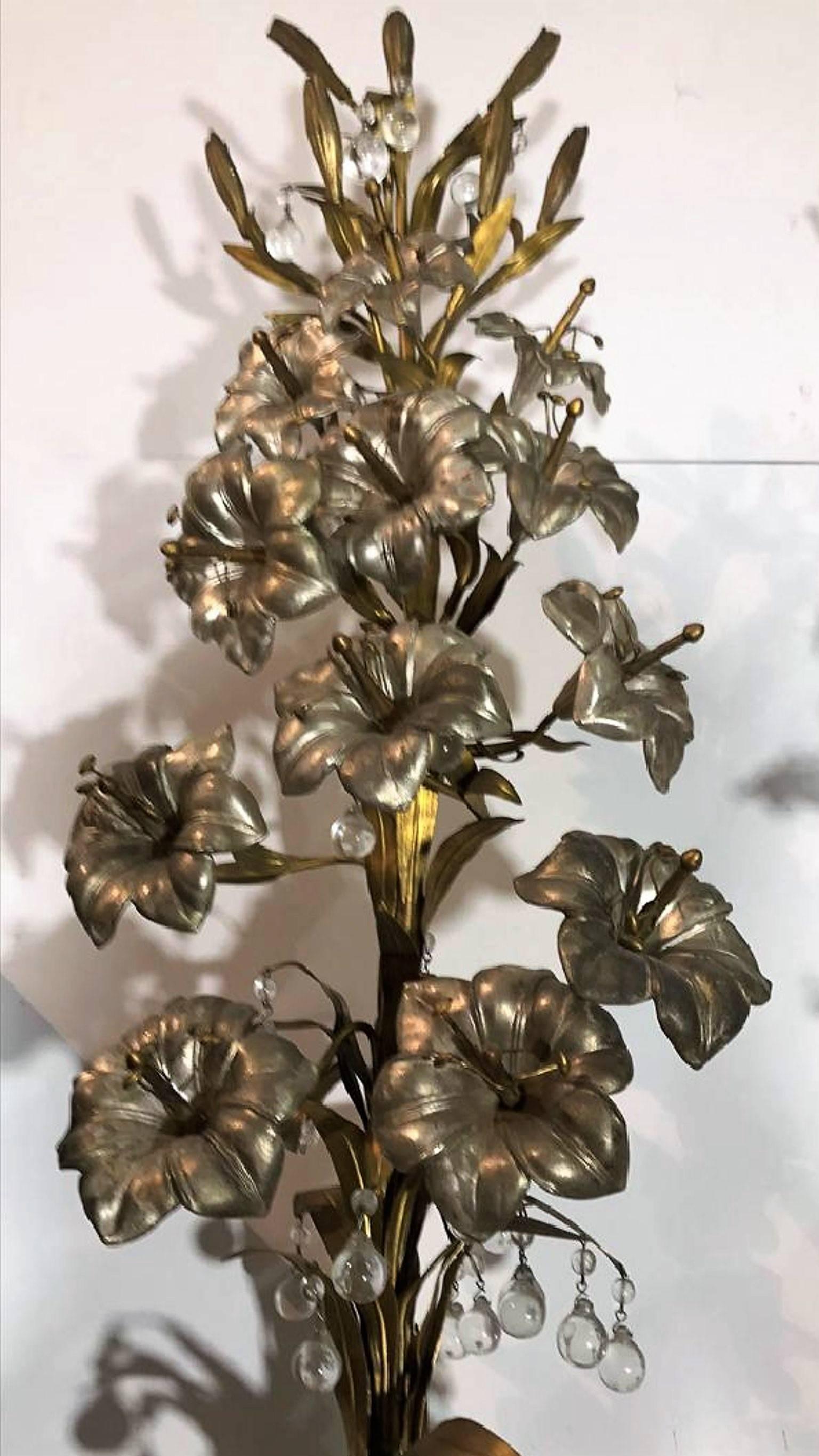 Antique Pair of French Bronze Doré and Silver Gilt Floral Arrangements In Good Condition In Dallas, TX