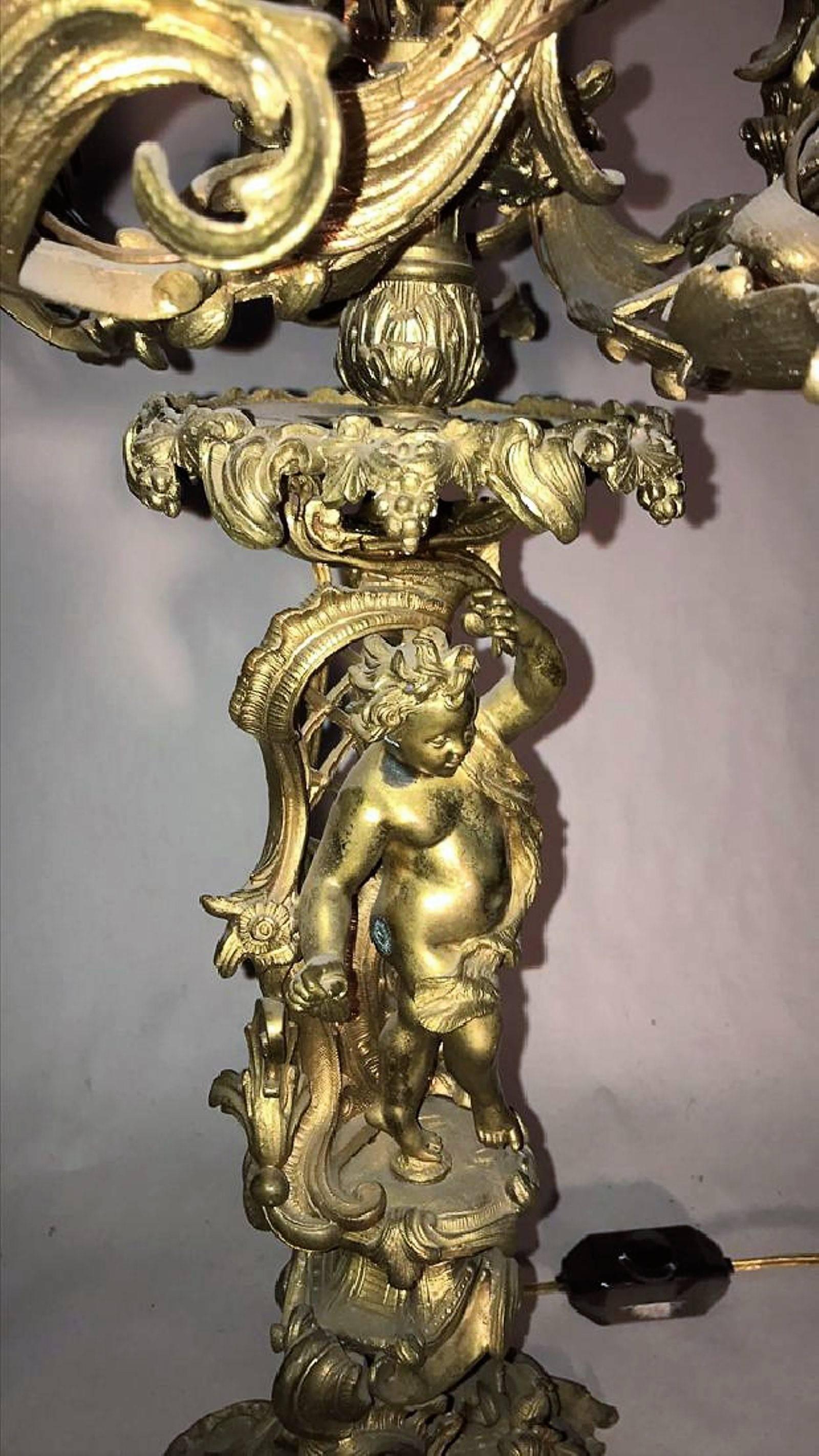 Gilt Antique Pair of French Rococo Style Bronze Cherub Candelabra