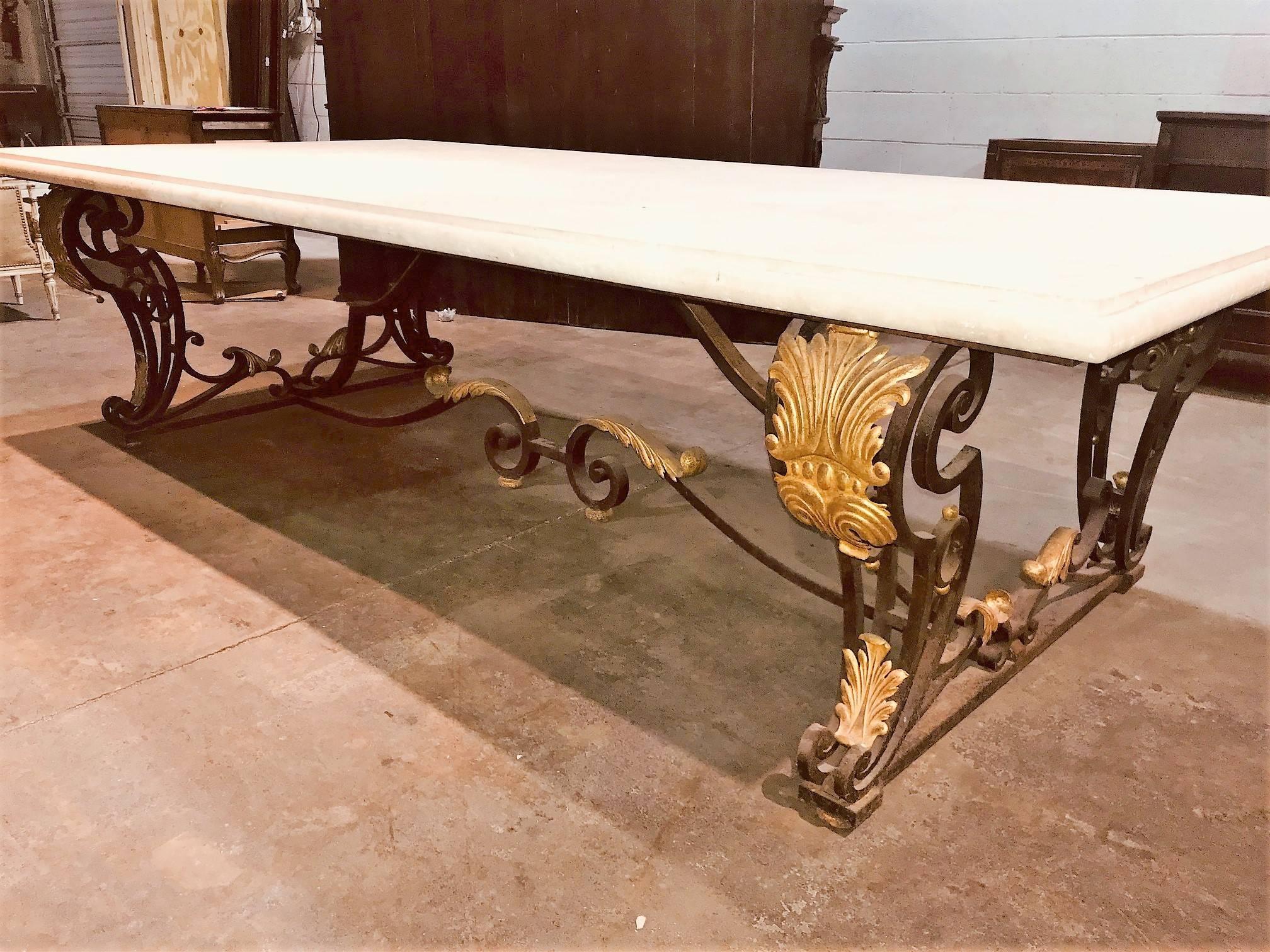 Large French Design Hand-Wrought Iron and Limestone Top Table In Excellent Condition In Dallas, TX
