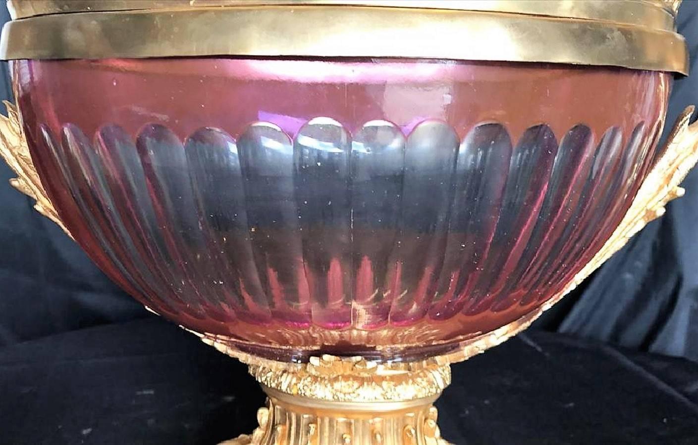 Vintage French Style Doré Bronze and Cranberry Colored Glass Centrepiece In Good Condition In Dallas, TX