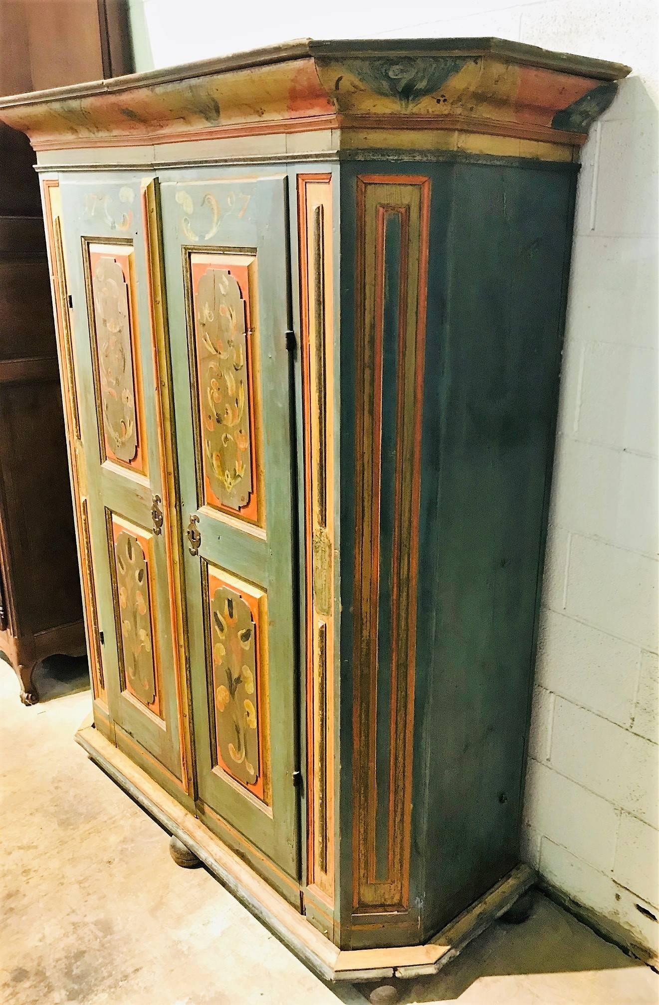 Hand-Crafted 19th Century German Carved and Hand Painted Armoire, circa 1840