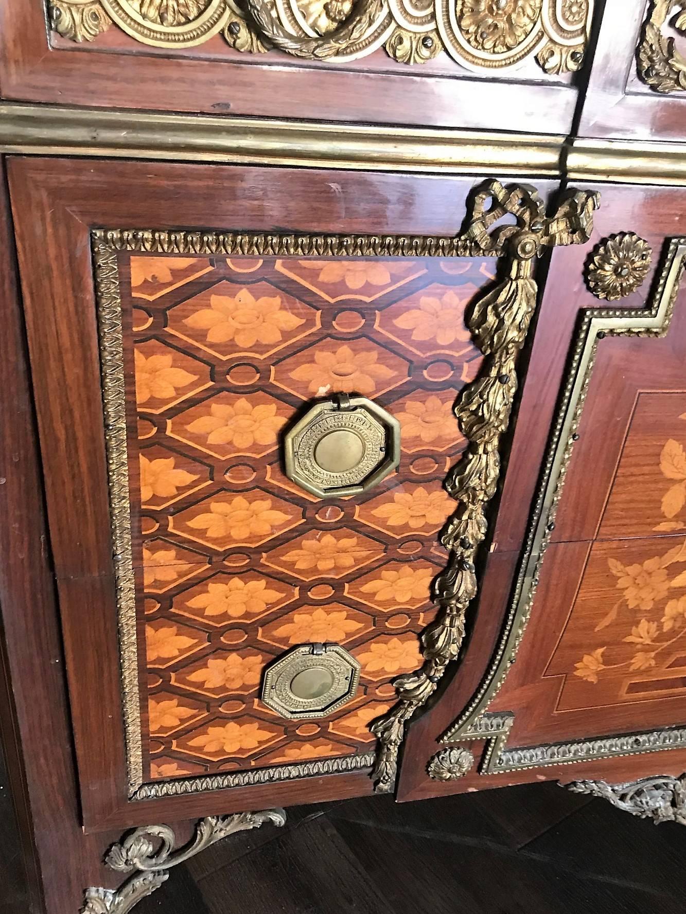 Gilt French Louis XV Style Marquetry Inlaid and Bronze-Mounted Commode