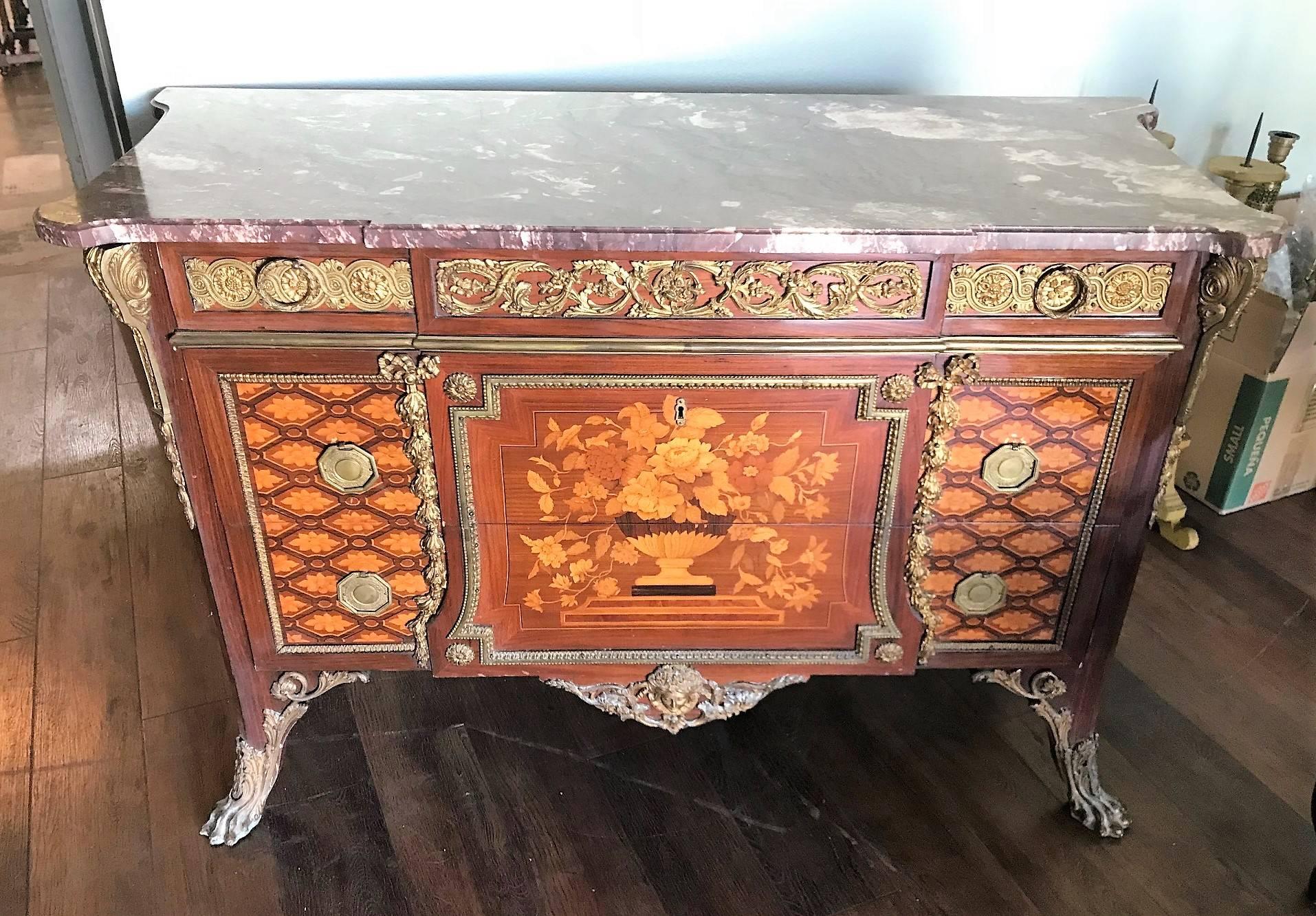 French Louis XV Style Marquetry Inlaid and Bronze-Mounted Commode 1