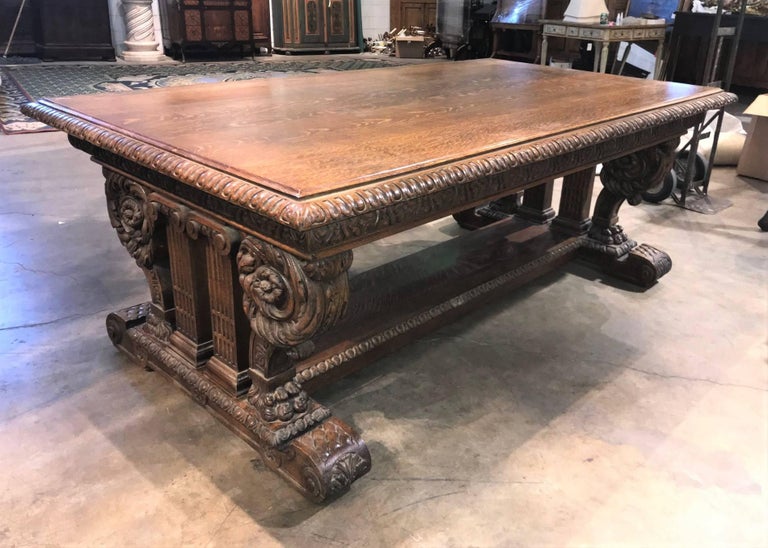 Antique American Carved Oak Library or Trestle Table 